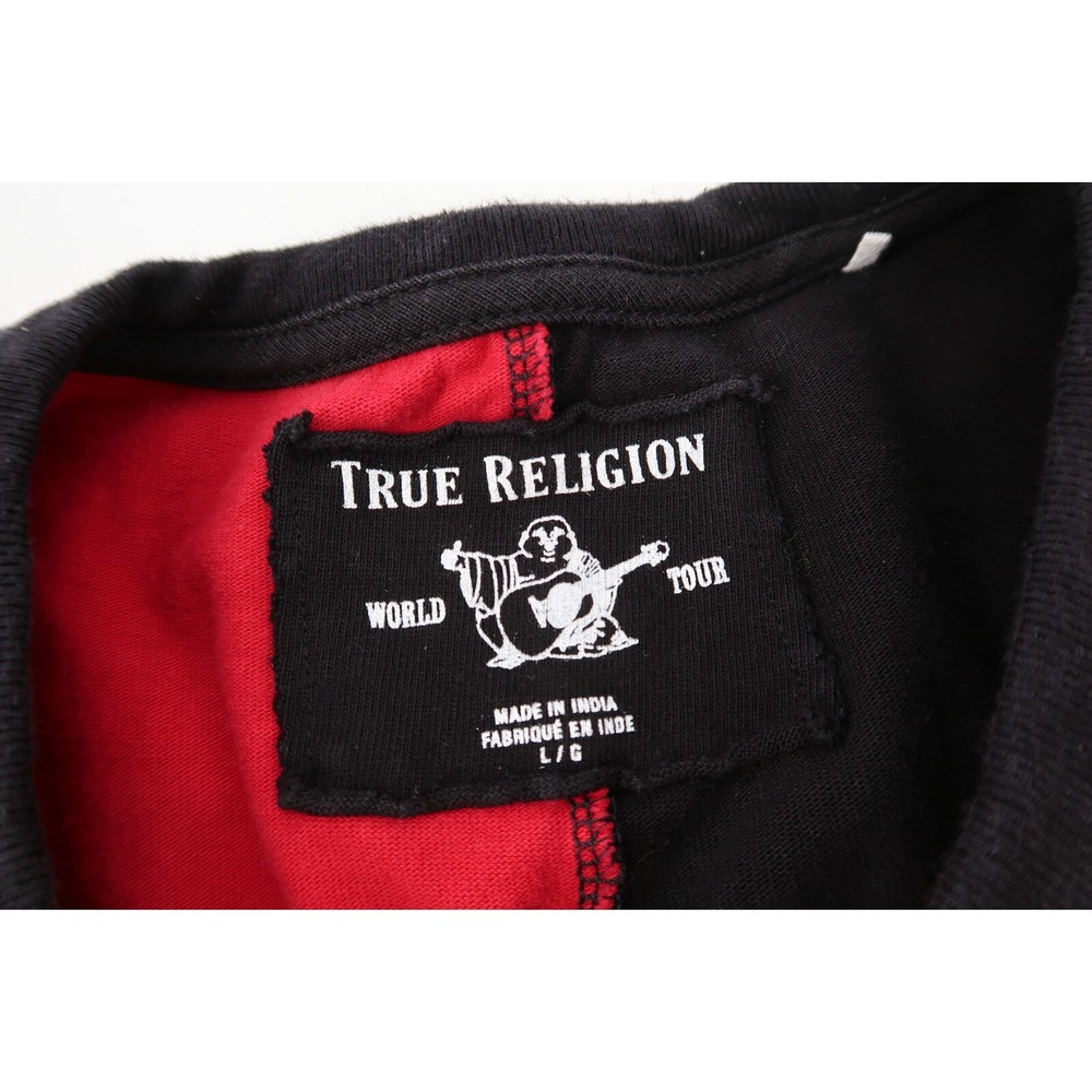 True Religion Mens Large Embroidered Logo Long Sleeve Crew Neck Red Black - Picture 2 of 5